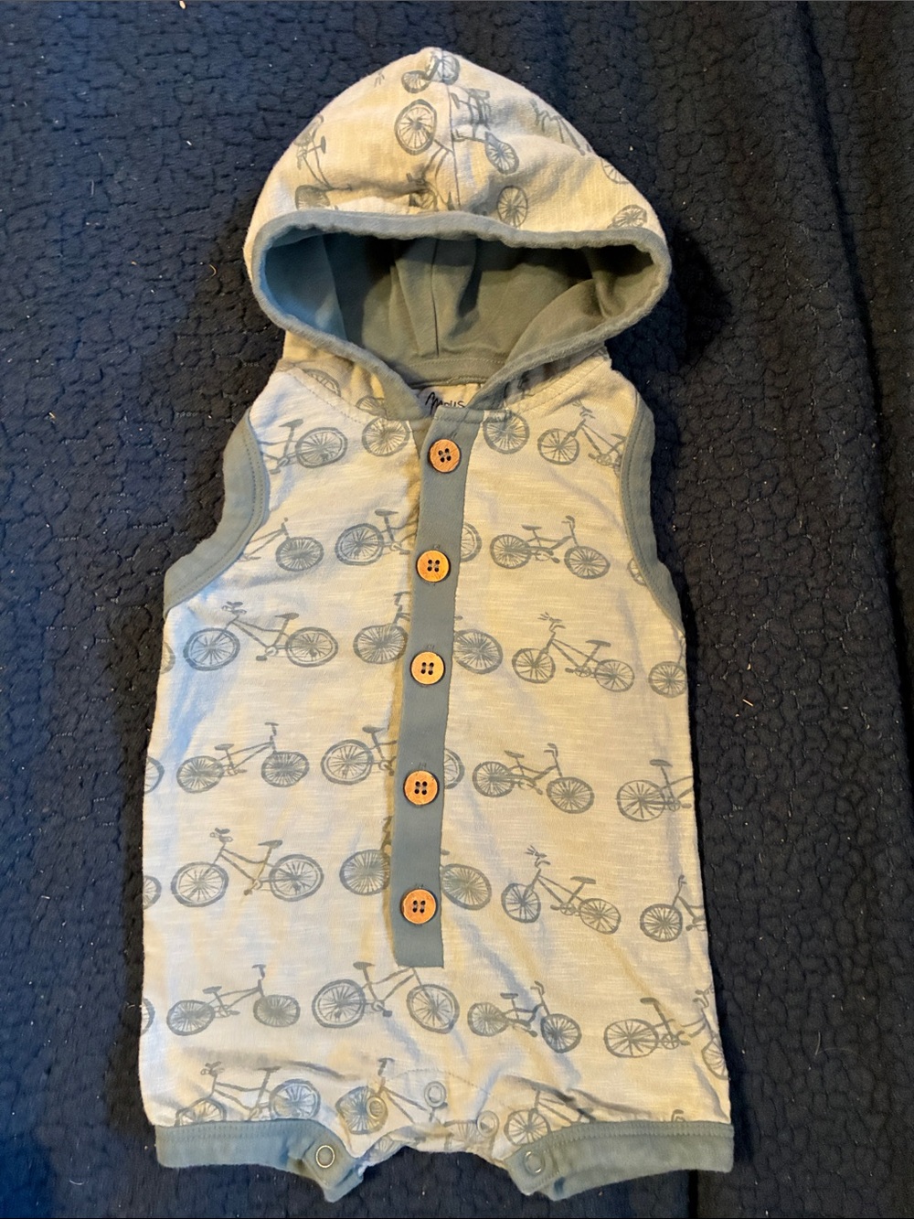 City Mouse Baby Hooded Romper in Dusty Blue Bicycle Print